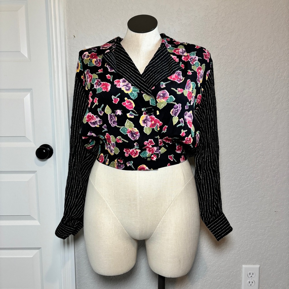 Carole Little Blouse 4 Blk Floral Pinstripe Cropped Double Breasted Dark Romance